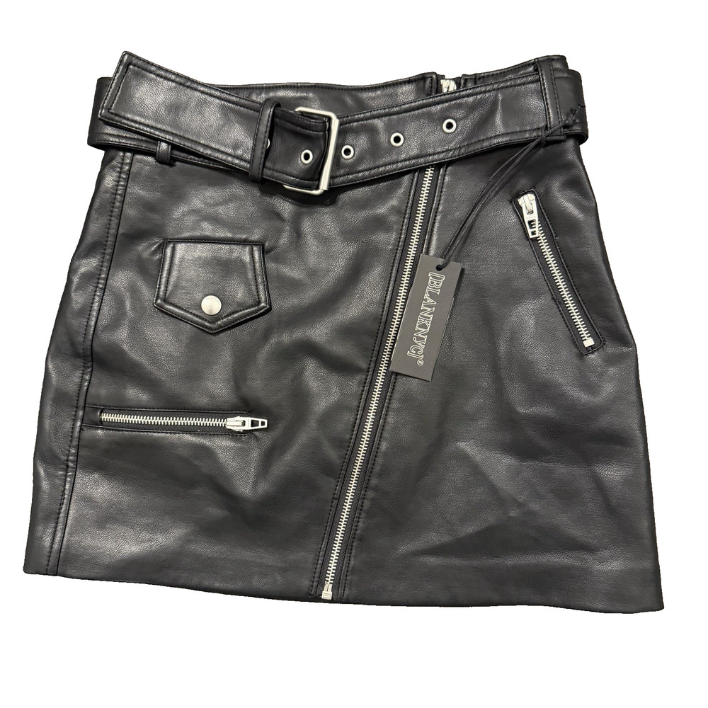 Blank NYC Vegan Leather Black Mini-Skirt Size 24 Belt Zippers
